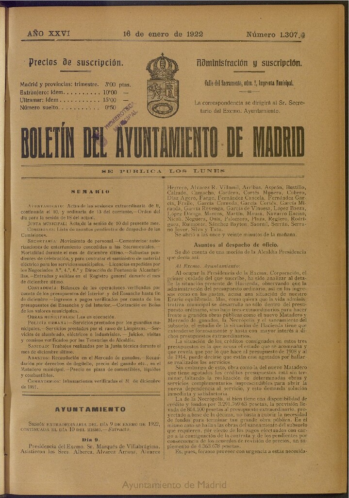 Miniatura de Boletín Oficial del Ayuntamiento de Madrid del 16 de enero de 1922, nº 1307