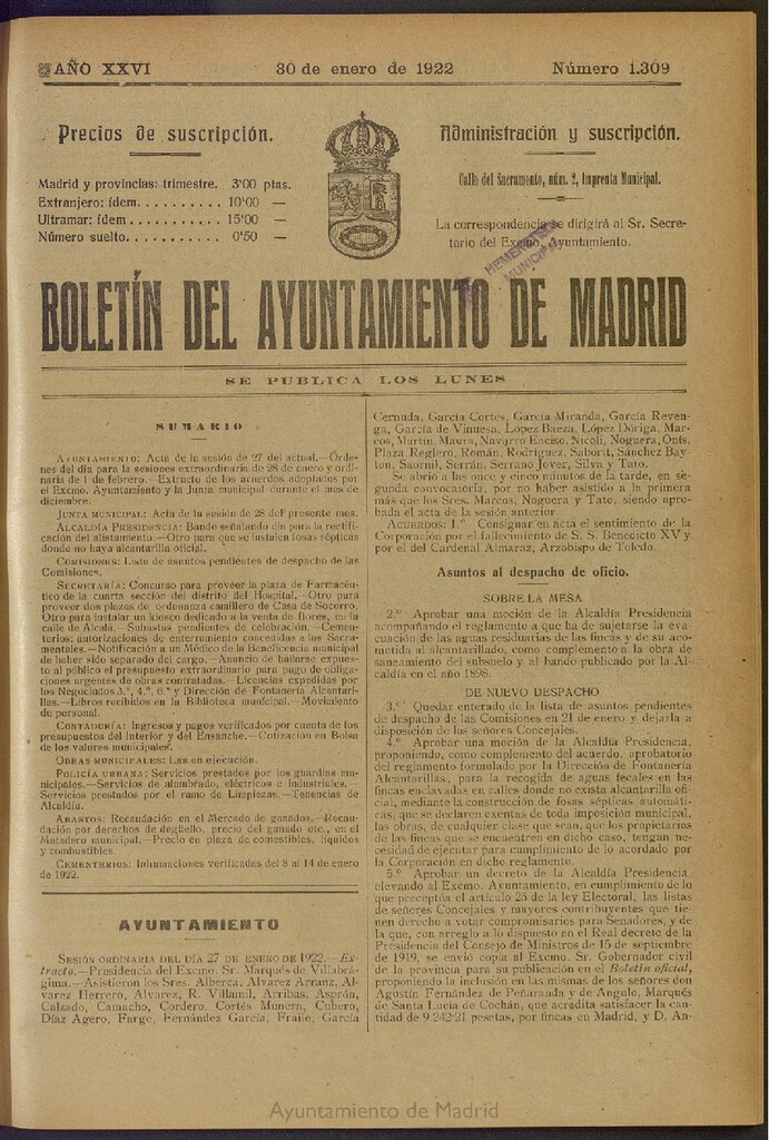 Miniatura de Boletín Oficial del Ayuntamiento de Madrid del 30 de enero de 1922, nº 1309