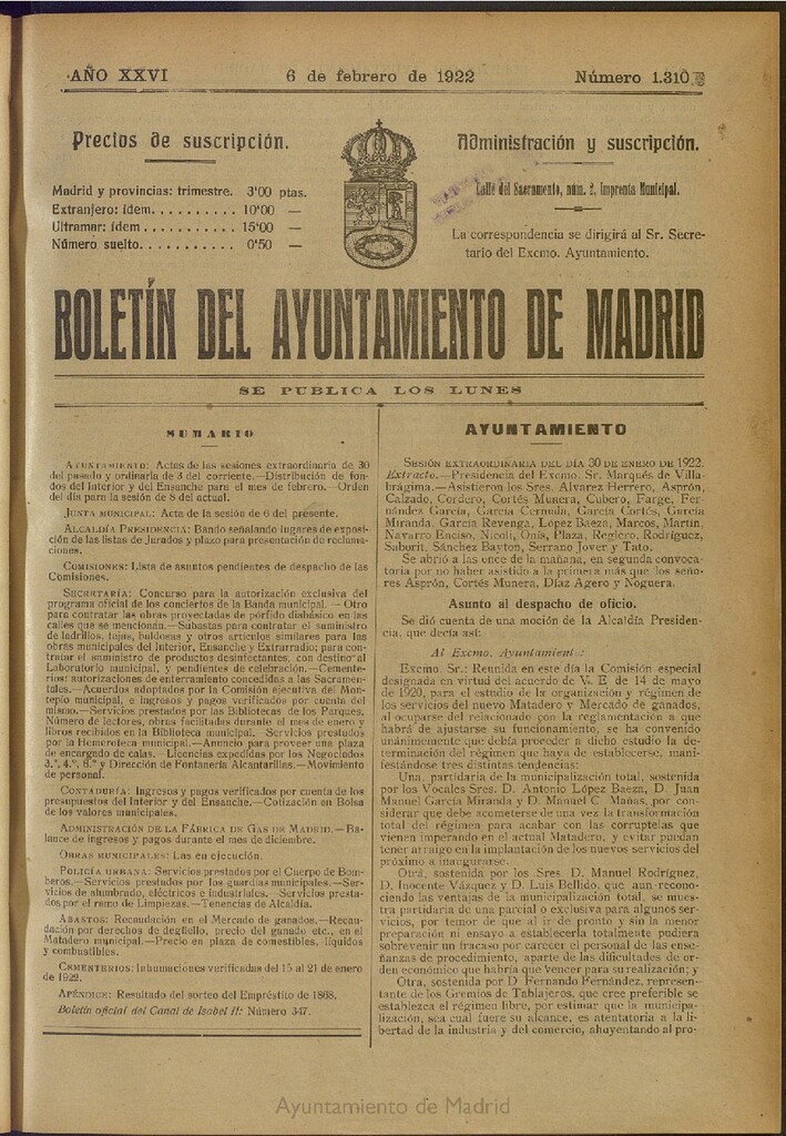 Miniatura de Boletín Oficial del Ayuntamiento de Madrid del 6 de febrero de 1922, nº 1310