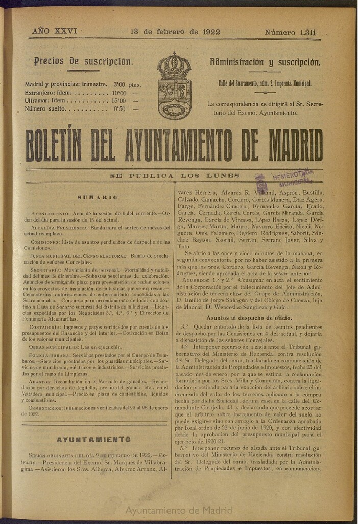 Miniatura de Boletín Oficial del Ayuntamiento de Madrid del 13 de febrero de 1922, nº 1311