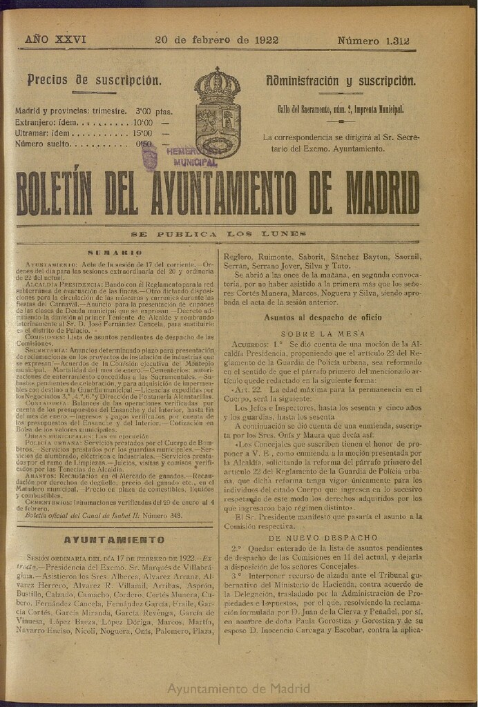 Miniatura de Boletín Oficial del Ayuntamiento de Madrid del 20 de febrero de 1922, nº 1312