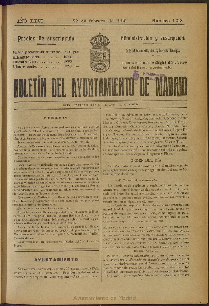 Miniatura de Boletín Oficial del Ayuntamiento de Madrid del 27 de febrero de 1922, nº 1313