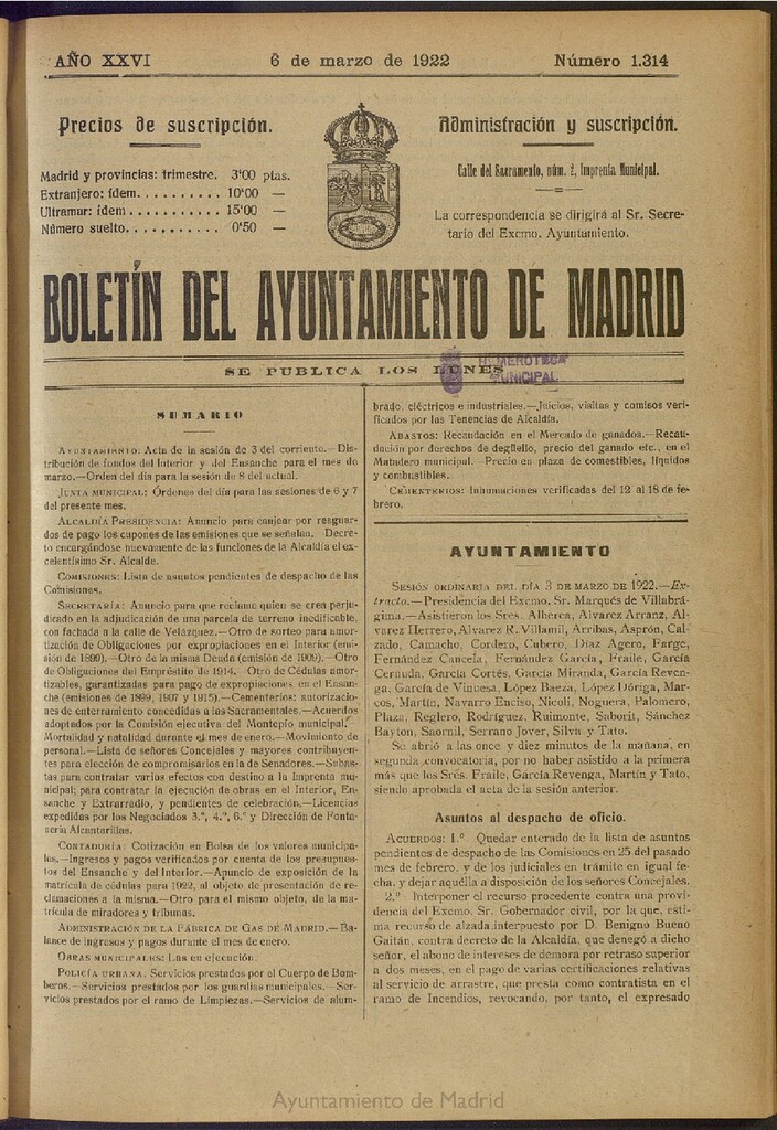 Miniatura de Boletín Oficial del Ayuntamiento de Madrid del 6 de marzo de 1922, nº 1314