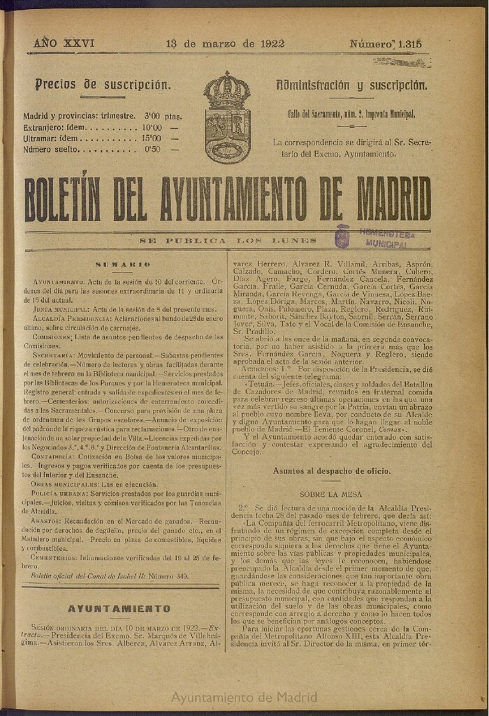 Miniatura de Boletín Oficial del Ayuntamiento de Madrid del 13 de marzo de 1922, nº 1315