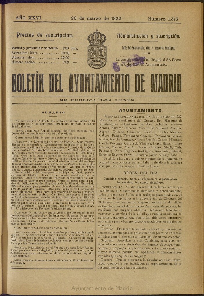 Miniatura de Boletín Oficial del Ayuntamiento de Madrid del 20 de marzo de 1922, nº 1316