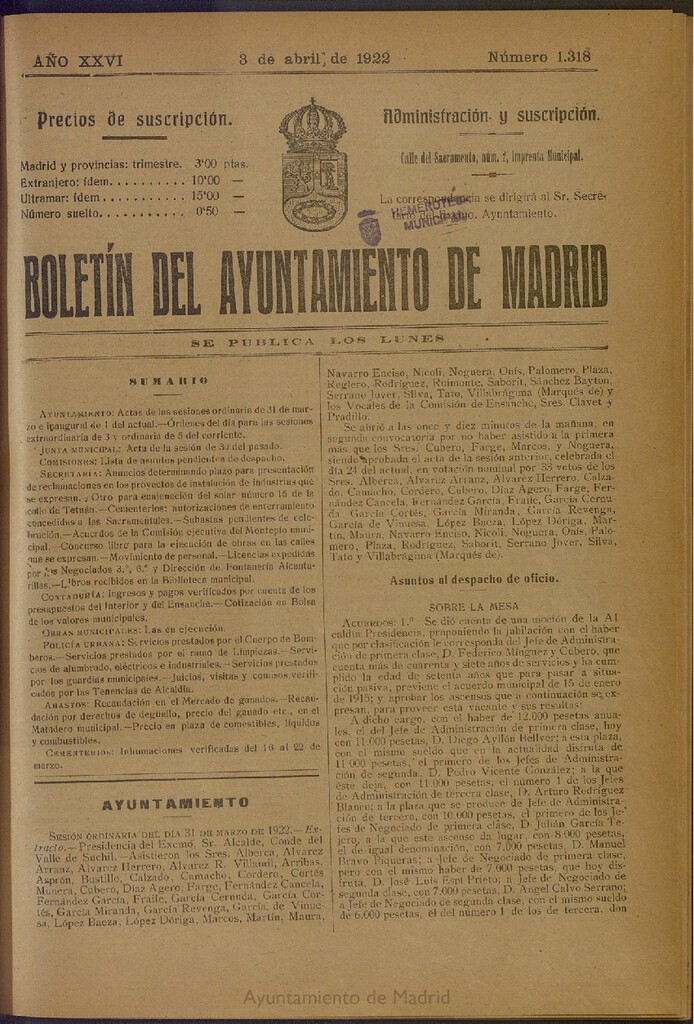 Miniatura de Boletín Oficial del Ayuntamiento de Madrid del 3 de abril de 1922, nº 1318