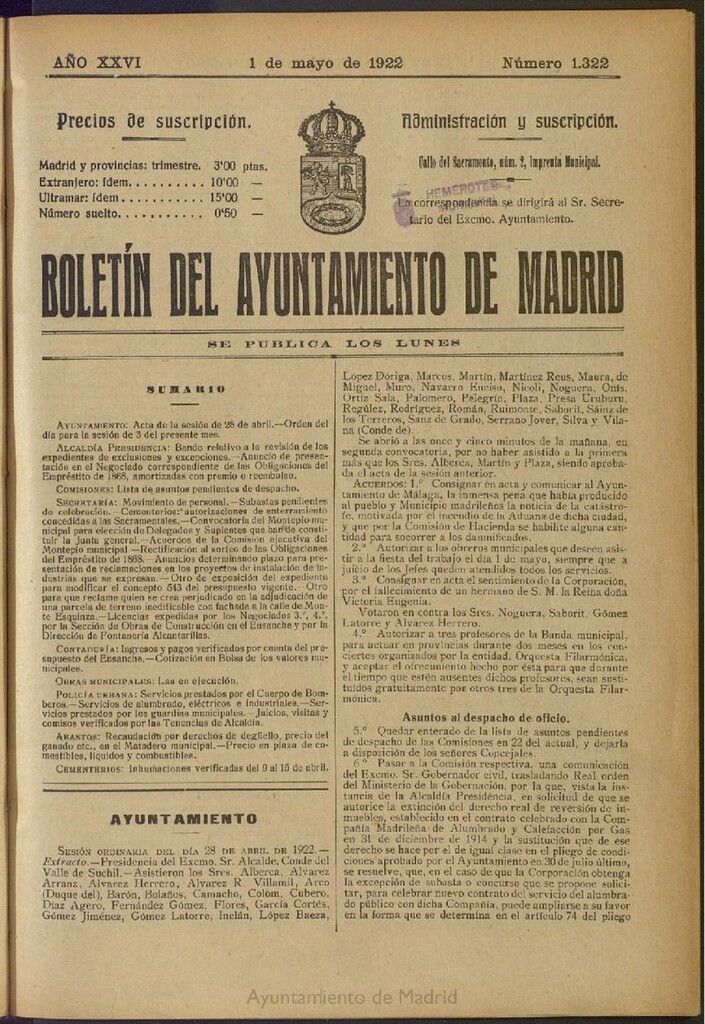 Miniatura de Boletín Oficial del Ayuntamiento de Madrid del 1 de mayo de 1922, nº 1322