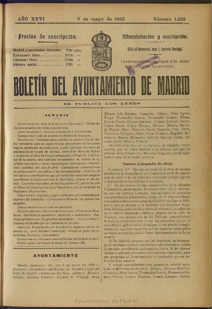 Miniatura de Boletín Oficial del Ayuntamiento de Madrid del 8 de mayo de 1922, nº 1323