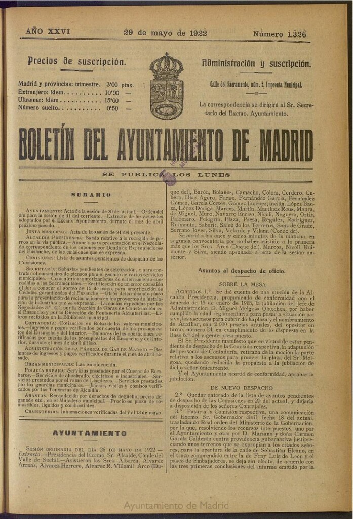 Miniatura de Boletín Oficial del Ayuntamiento de Madrid del 29 de mayo de 1922, nº 1326