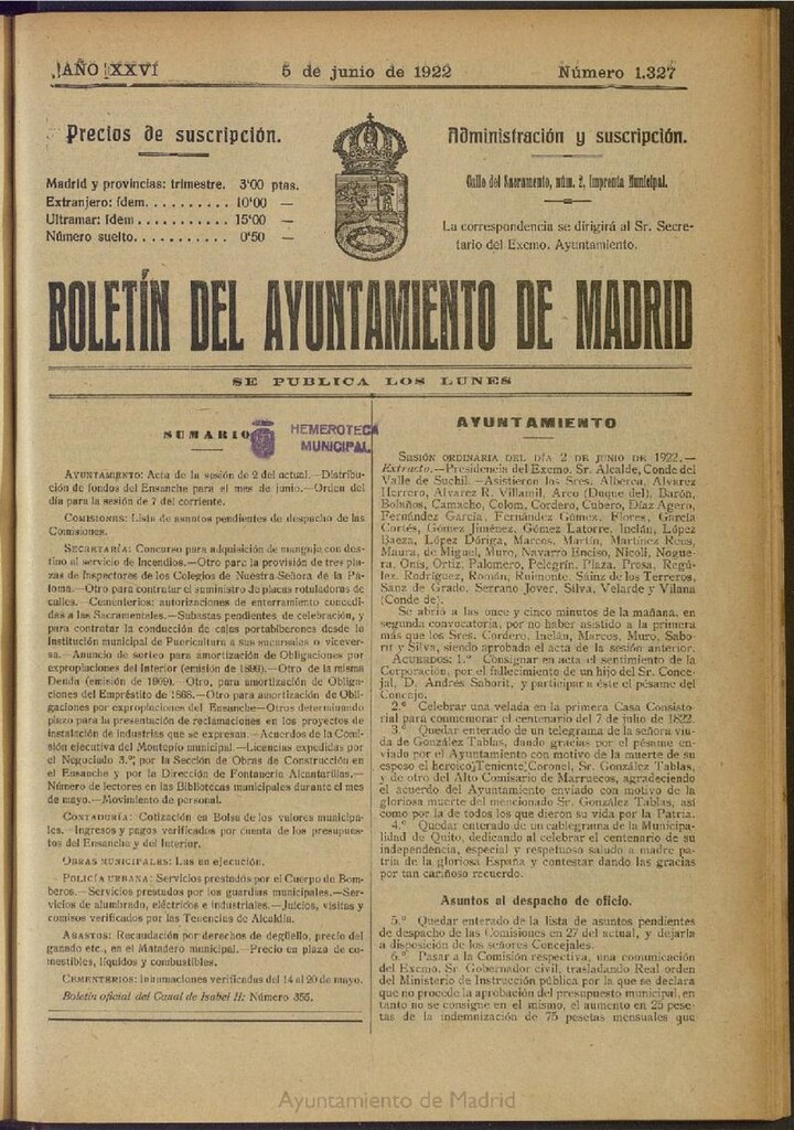 Miniatura de Boletín Oficial del Ayuntamiento de Madrid del 5 de junio de 1922, nº 1327