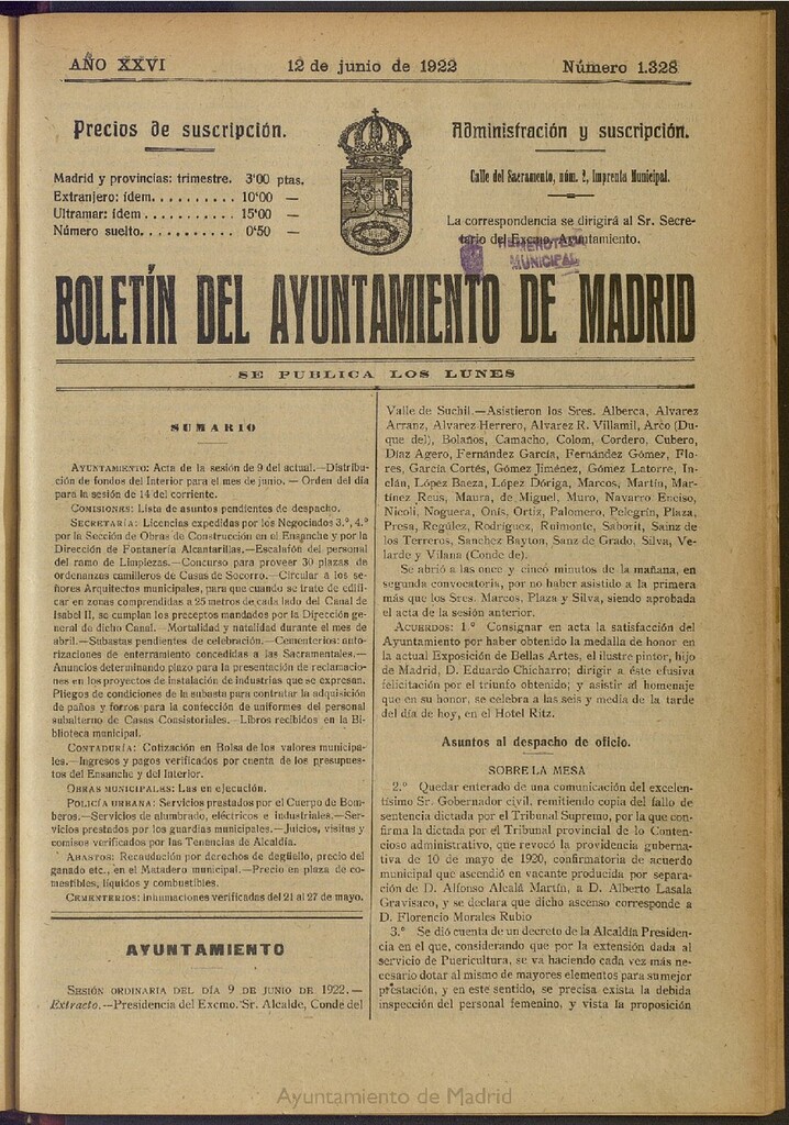 Miniatura de Boletín Oficial del Ayuntamiento de Madrid del 12 de junio de 1922, nº 1328
