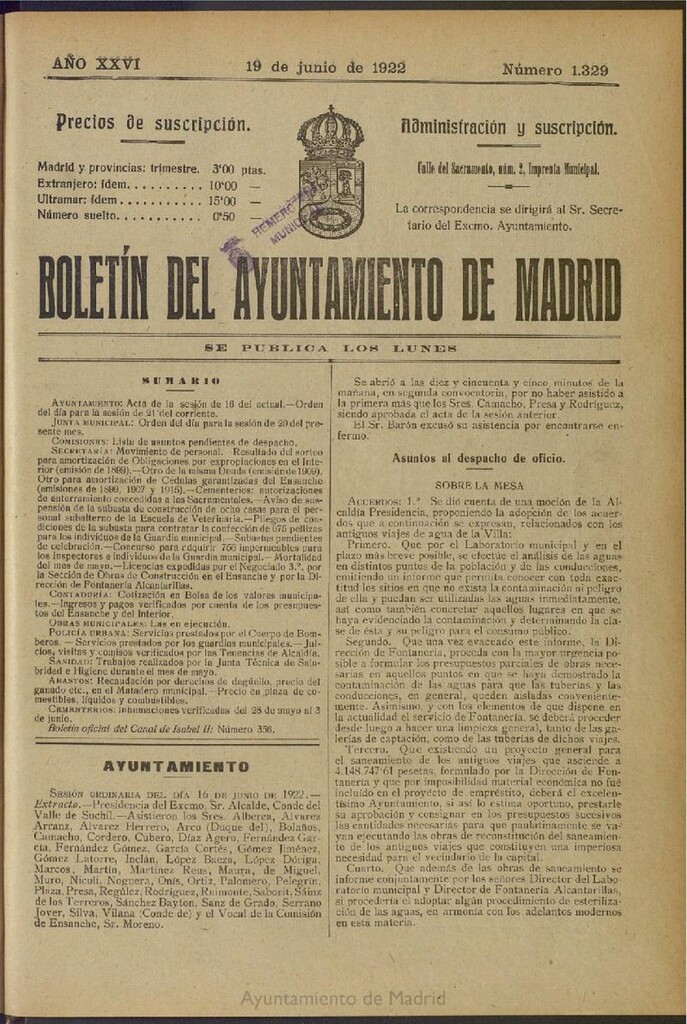Miniatura de Boletín Oficial del Ayuntamiento de Madrid del 19 de junio de 1922, nº 1329