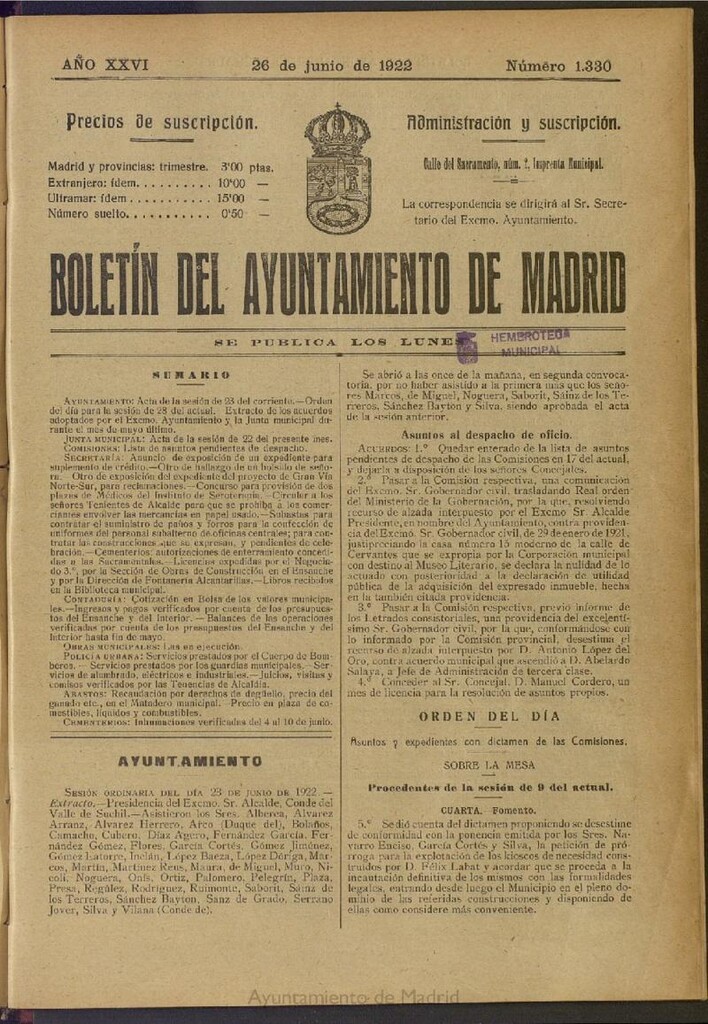 Miniatura de Boletín Oficial del Ayuntamiento de Madrid del 26 de junio de 1922, nº 1330