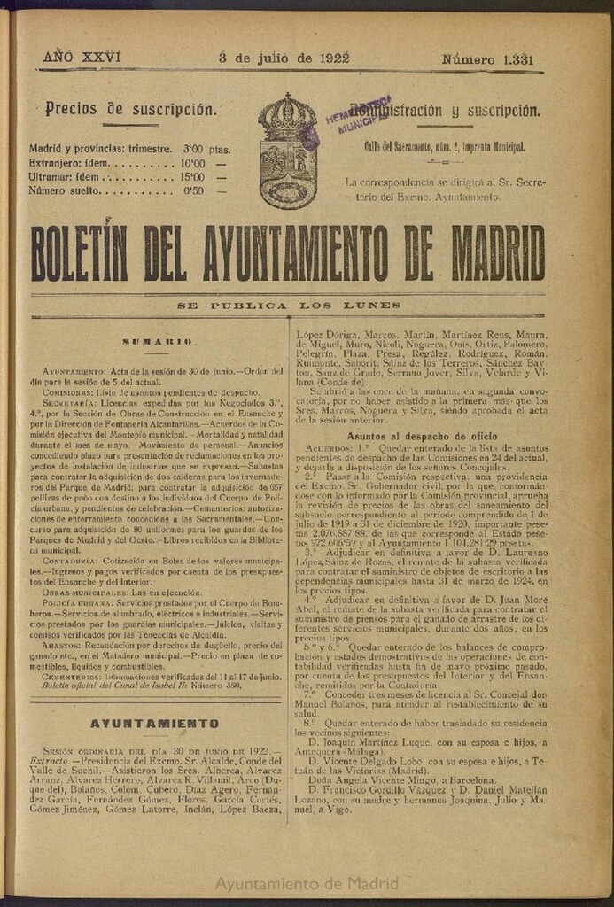 Miniatura de Boletín Oficial del Ayuntamiento de Madrid del 3 de julio de 1922, nº 1331
