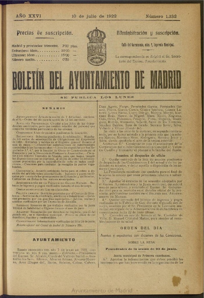 Miniatura de Boletín Oficial del Ayuntamiento de Madrid del 10 de julio de 1922, nº 1332
