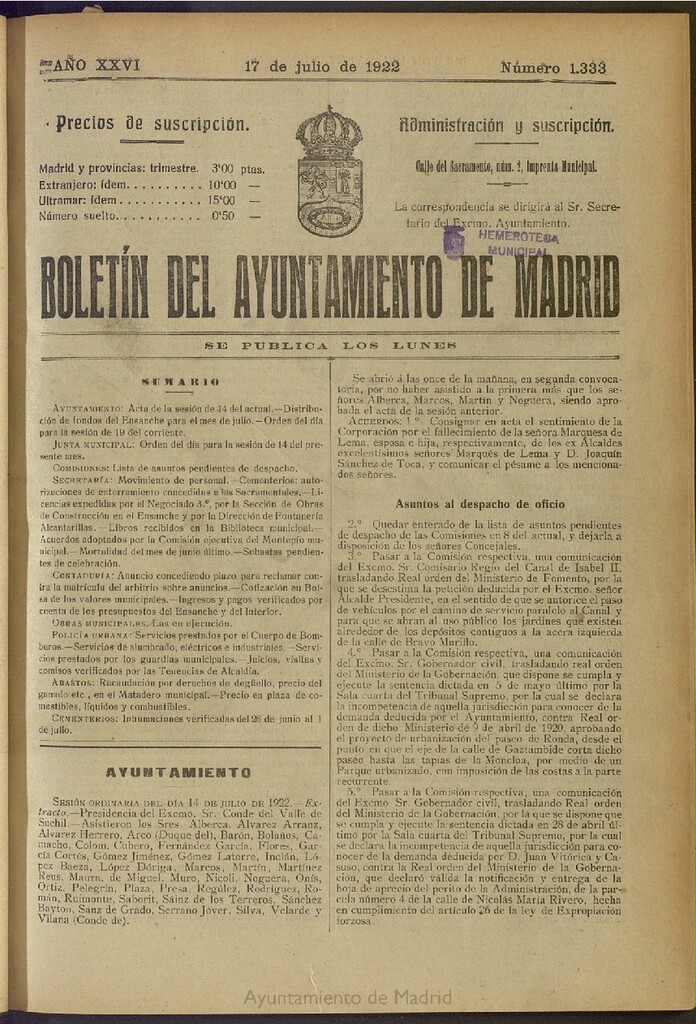 Miniatura de Boletín Oficial del Ayuntamiento de Madrid del 17 de julio de 1922, nº 1333