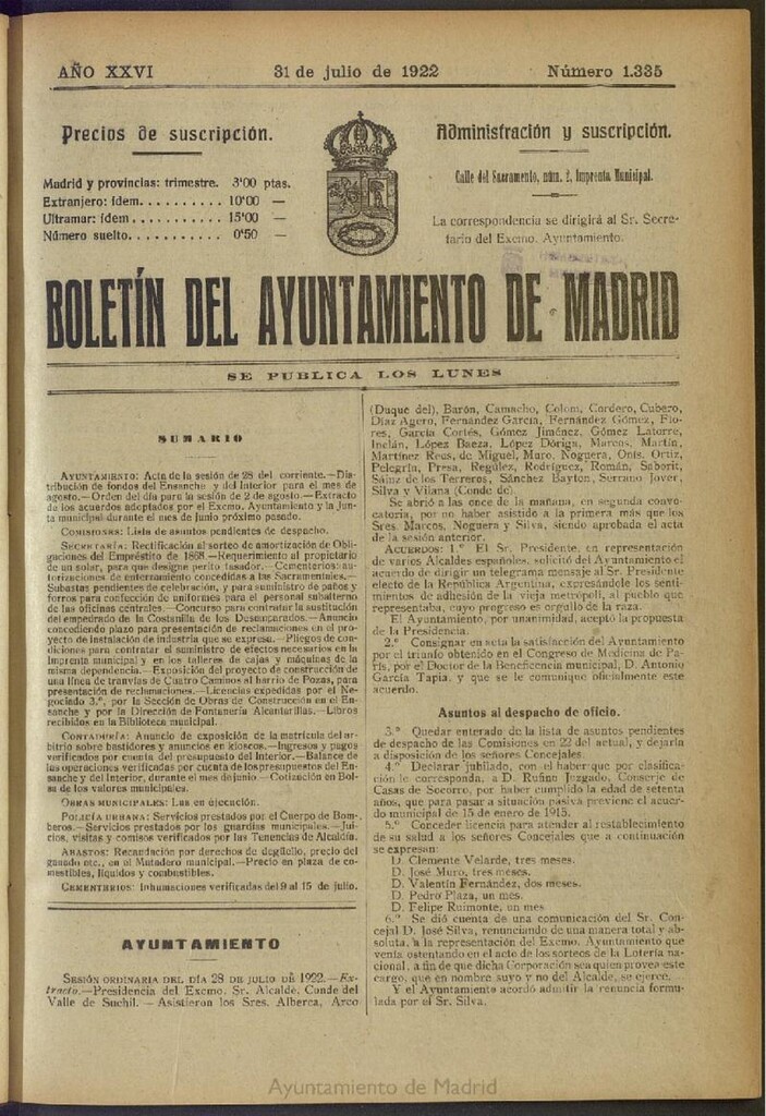 Miniatura de Boletín Oficial del Ayuntamiento de Madrid del 31 de julio de 1922, nº 1335