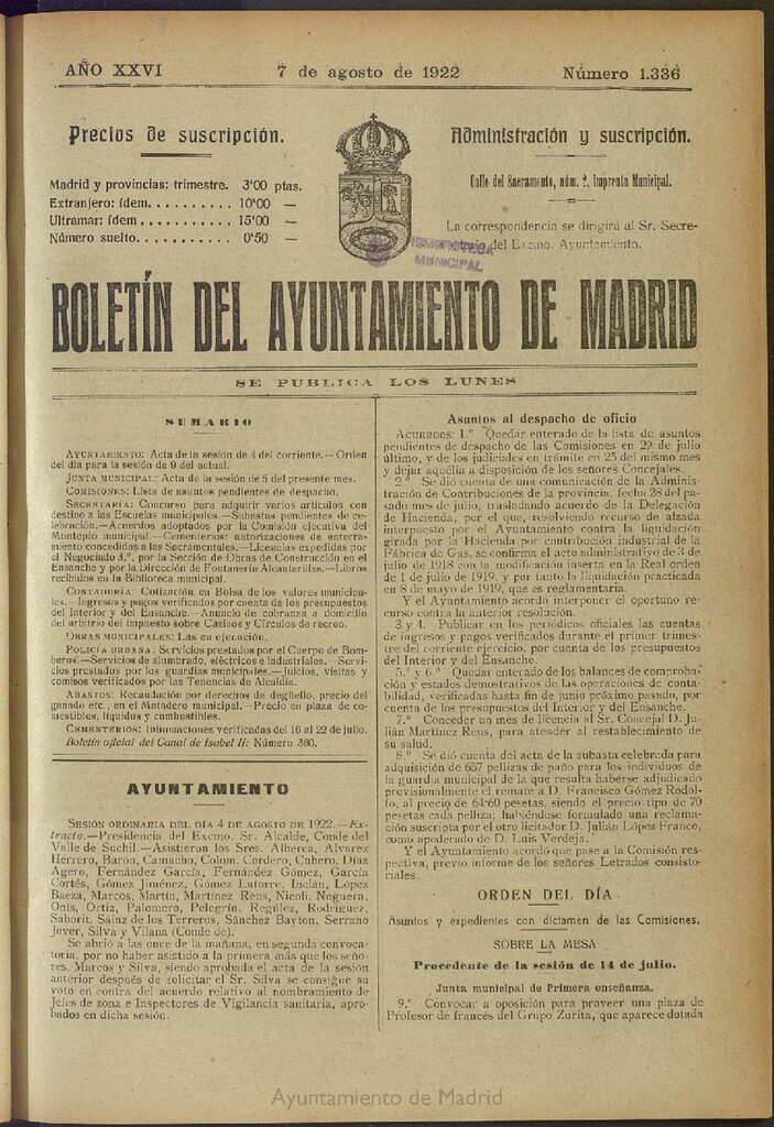 Miniatura de Boletín Oficial del Ayuntamiento de Madrid del 7 de agosto de 1922, nº 1336