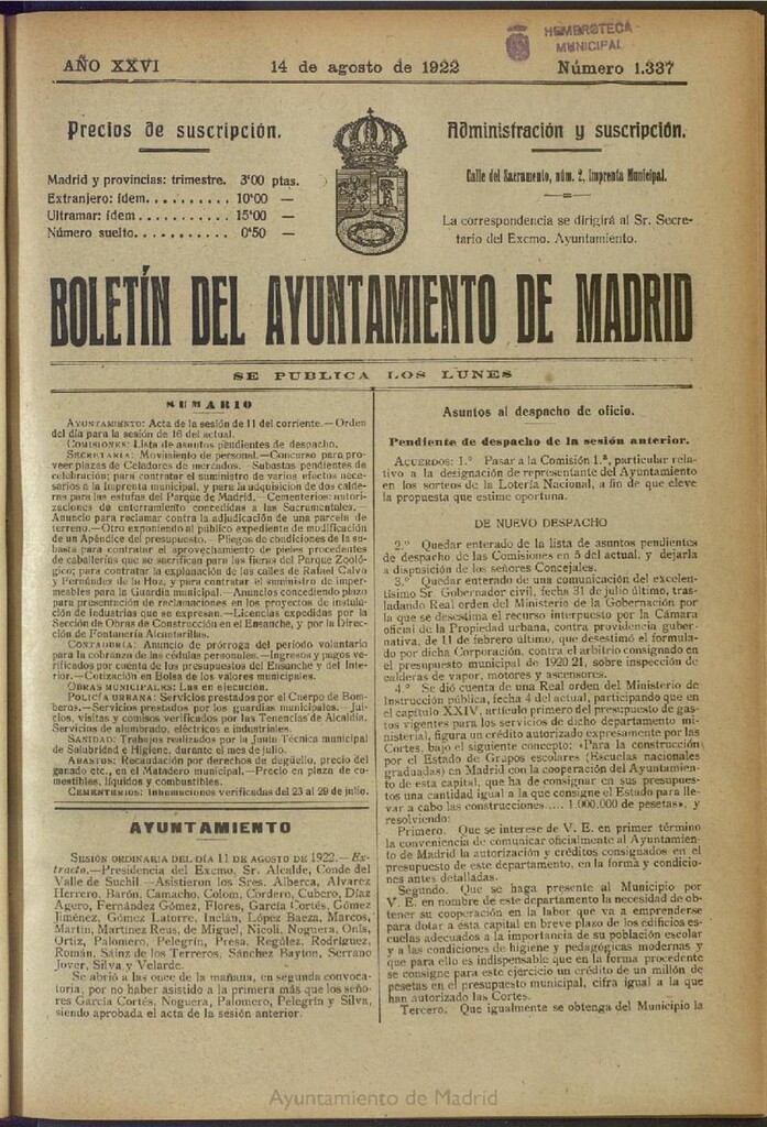 Miniatura de Boletín Oficial del Ayuntamiento de Madrid del 14 de agosto de 1922, nº 1337