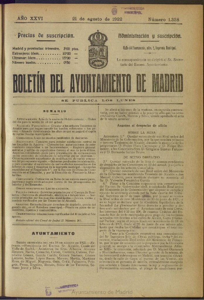 Miniatura de Boletín Oficial del Ayuntamiento de Madrid del 21 de agosto de 1922, nº 1338