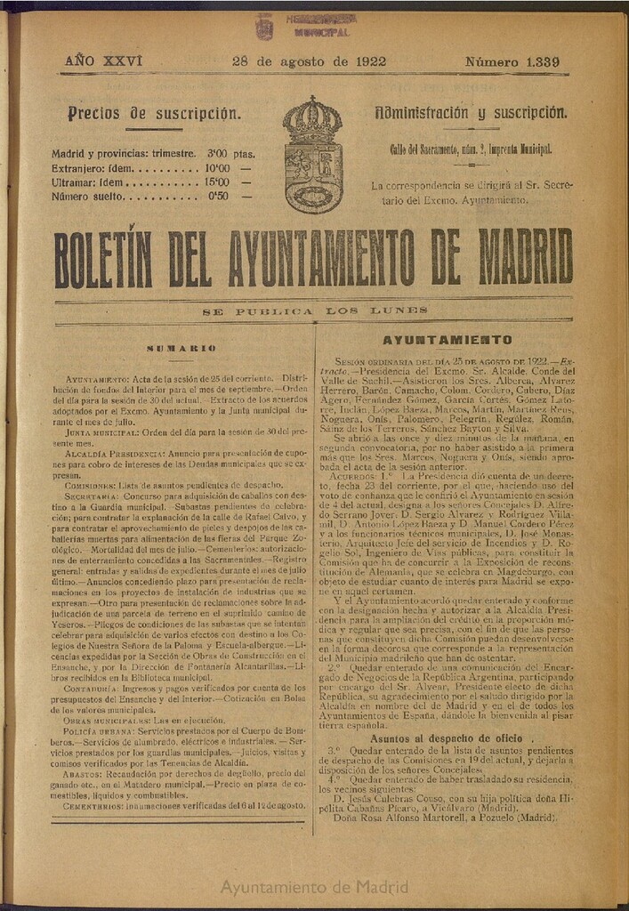 Miniatura de Boletín Oficial del Ayuntamiento de Madrid del 28 de agosto de 1922, nº 1339