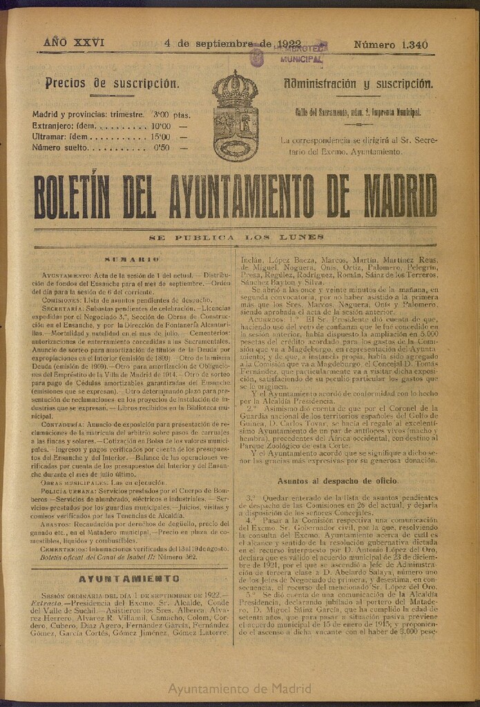 Miniatura de Boletín Oficial del Ayuntamiento de Madrid del 4 de septiembre de 1922, nº 1340