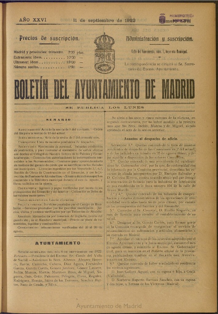 Miniatura de Boletín Oficial del Ayuntamiento de Madrid del 11 de septiembre de 1922, nº 1341
