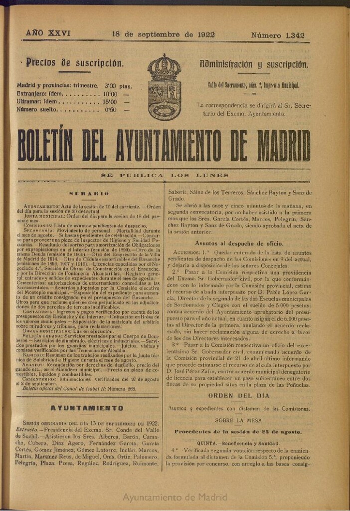 Miniatura de Boletín Oficial del Ayuntamiento de Madrid del 18 de septiembre de 1922, nº 1342