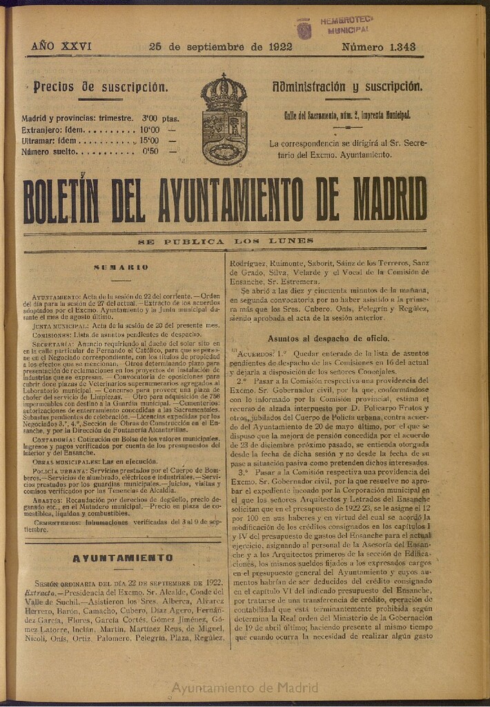 Miniatura de Boletín Oficial del Ayuntamiento de Madrid del 25 de septiembre de 1922, nº 1343