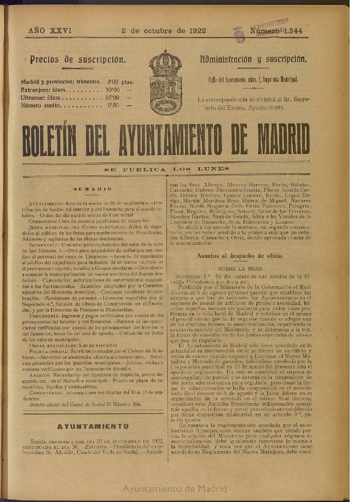 Miniatura de Boletín Oficial del Ayuntamiento de Madrid del 2 de octubre de 1922, nº 1344