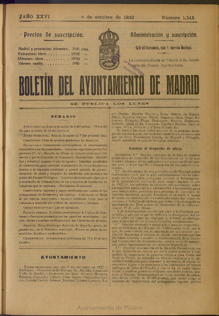 Miniatura de Boletín Oficial del Ayuntamiento de Madrid del 9 de octubre de 1922, nº 1345