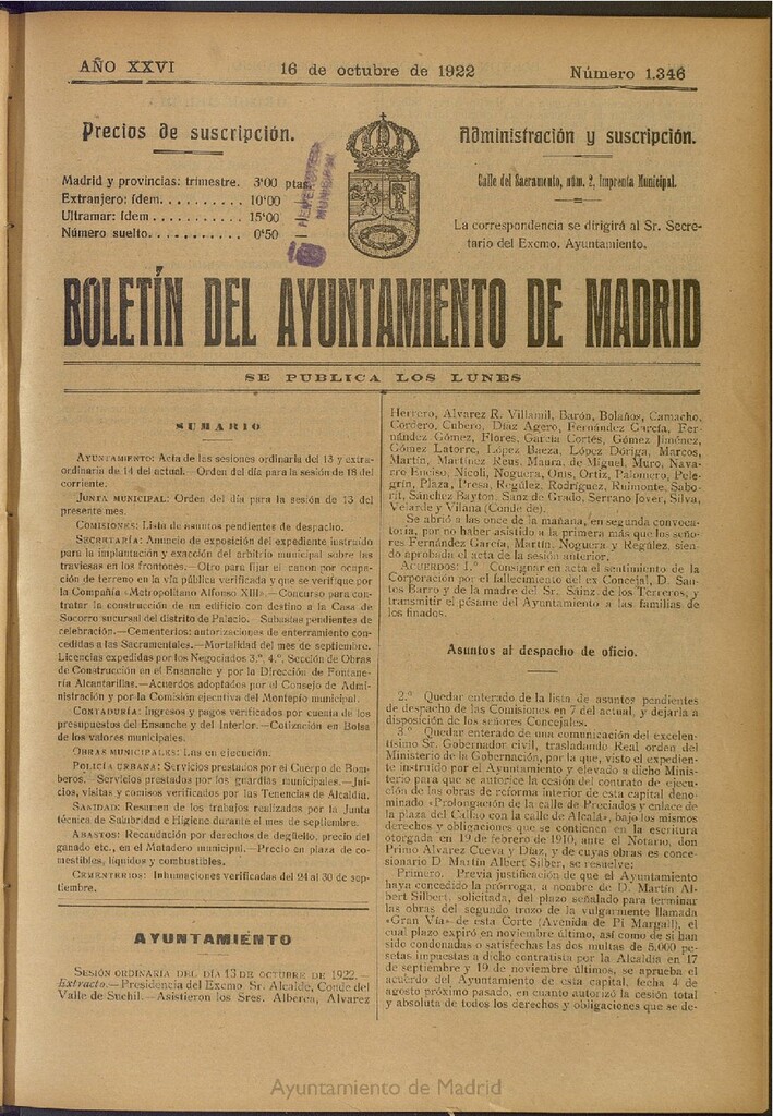 Miniatura de Boletín Oficial del Ayuntamiento de Madrid del 16 de octubre de 1922, nº 1346