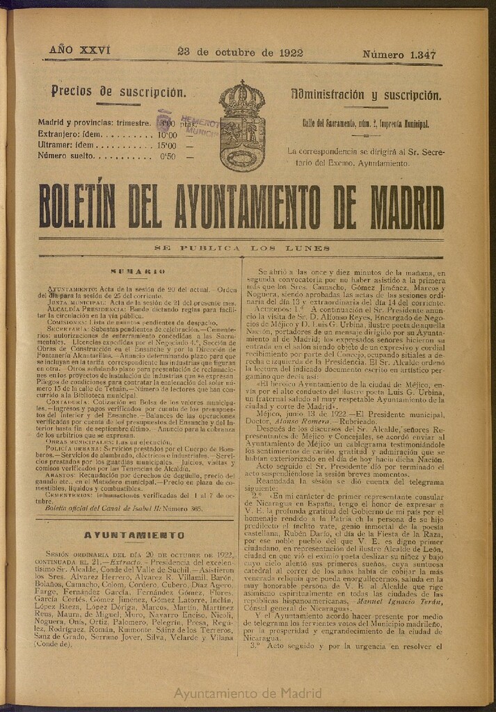 Miniatura de Boletín Oficial del Ayuntamiento de Madrid del 23 de octubre de 1922, nº 1347