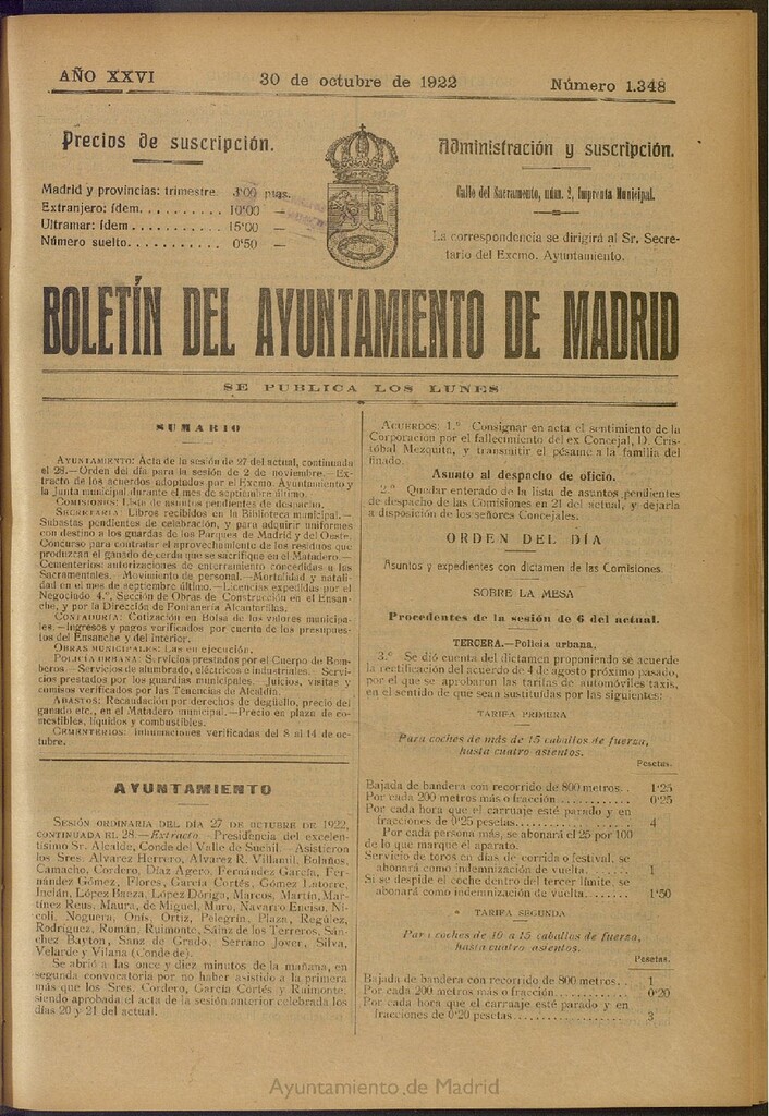 Miniatura de Boletín Oficial del Ayuntamiento de Madrid del 30 de octubre de 1922, nº 1348