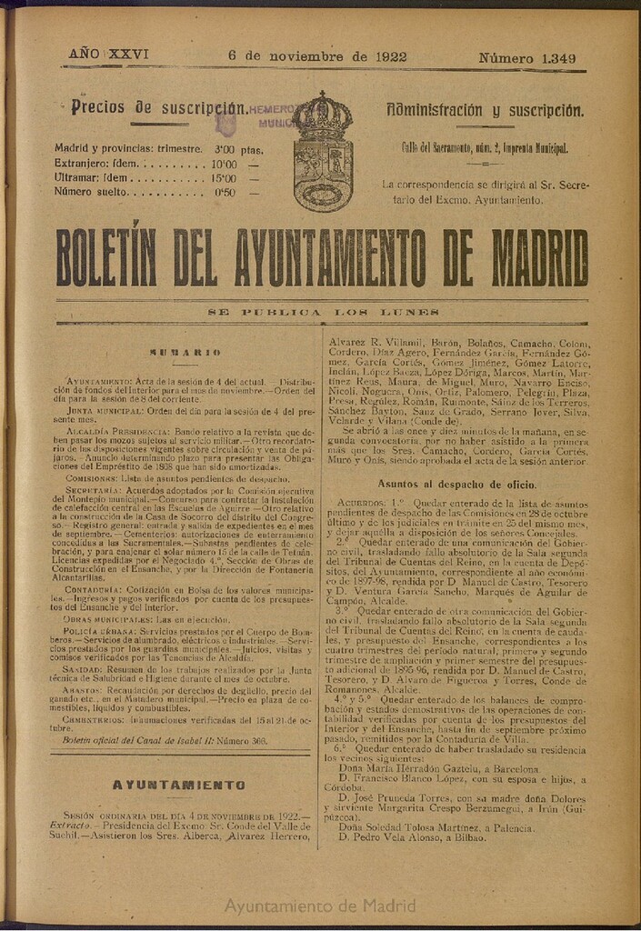 Miniatura de Boletín Oficial del Ayuntamiento de Madrid del 6 de noviembre de 1922, nº 1349