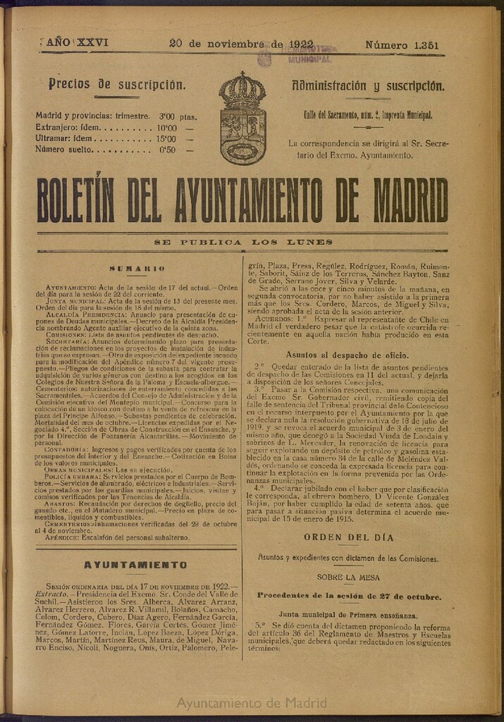 Miniatura de Boletín Oficial del Ayuntamiento de Madrid del 20 de noviembre de 1922, nº 1351