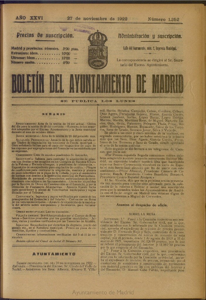 Miniatura de Boletín Oficial del Ayuntamiento de Madrid del 27 de noviembre de 1922, nº 1352