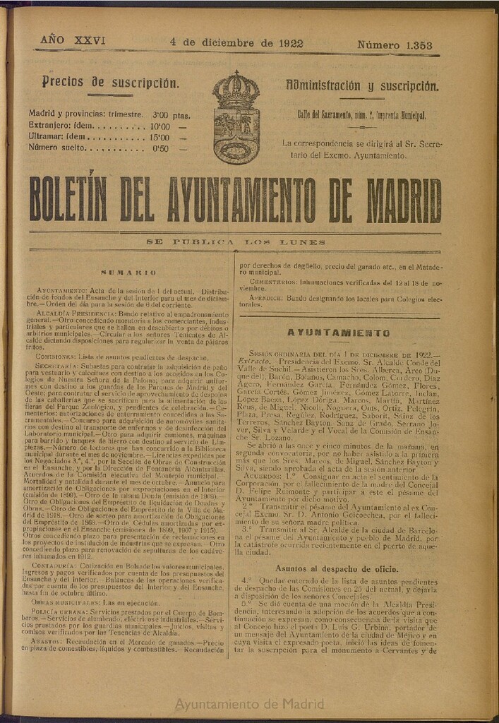 Miniatura de Boletín Oficial del Ayuntamiento de Madrid del 4 de diciembre de 1922, nº 1353