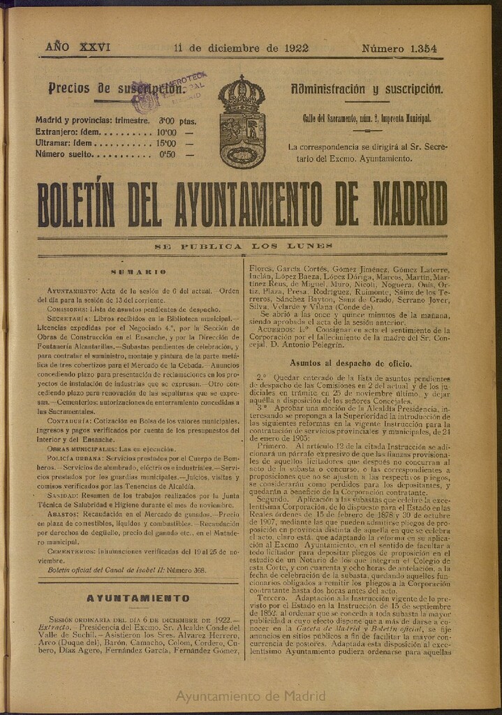 Miniatura de Boletín Oficial del Ayuntamiento de Madrid del 11 de diciembre de 1922, nº 1354
