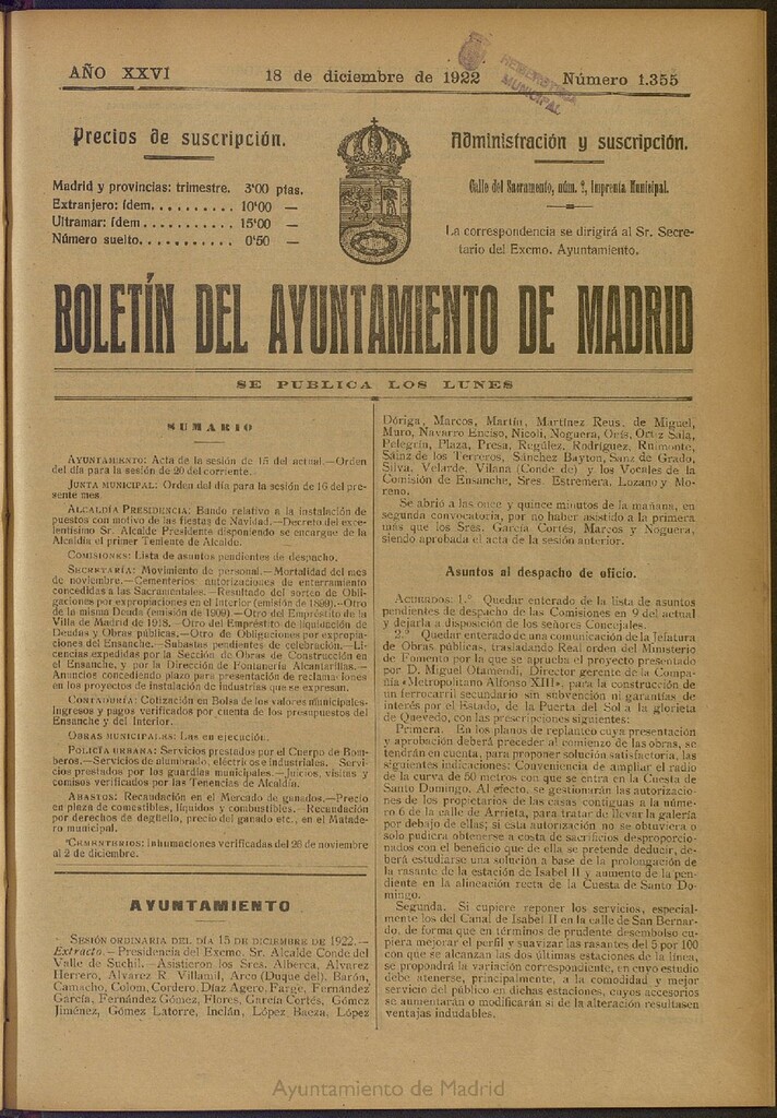 Miniatura de Boletín Oficial del Ayuntamiento de Madrid del 18 de diciembre de 1922, nº 1355
