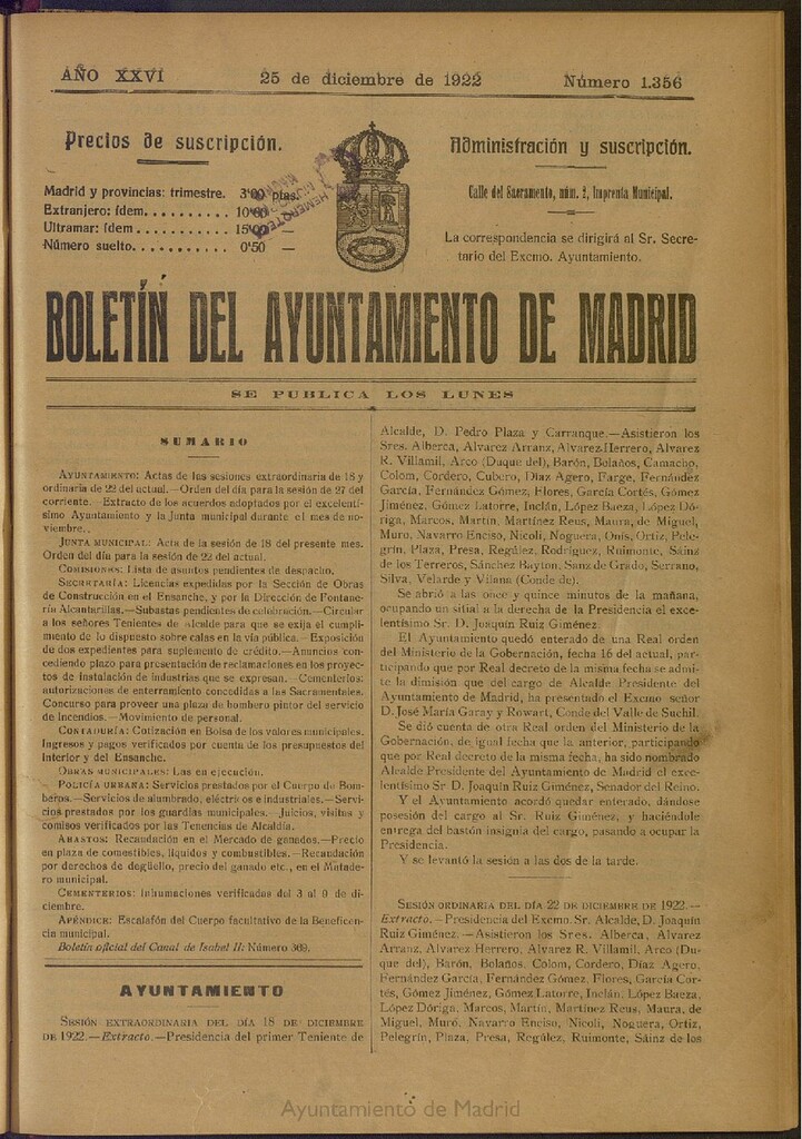 Miniatura de Boletín Oficial del Ayuntamiento de Madrid del 25 de diciembre de 1922, nº 1356