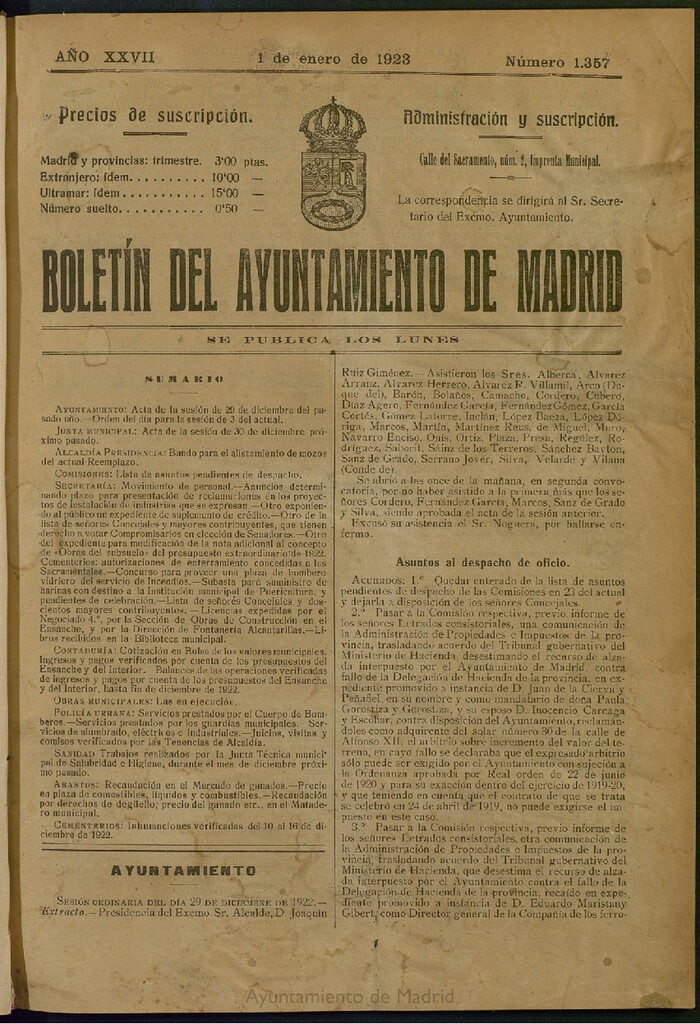 Miniatura de Boletín Oficial del Ayuntamiento de Madrid del 1 de enero de 1923, nº 1357