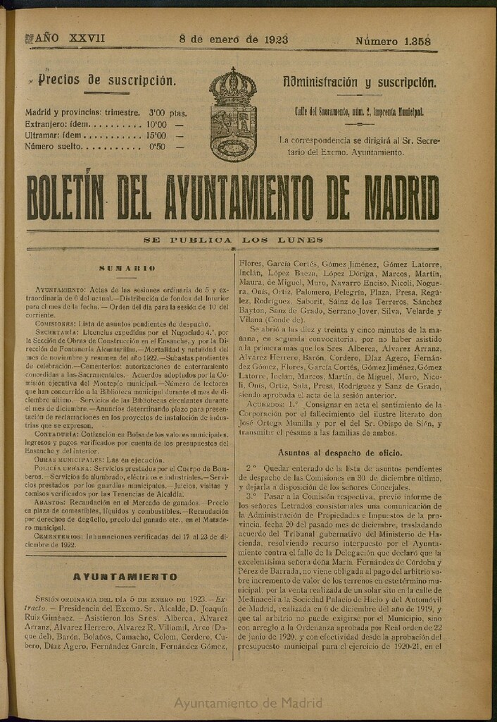Miniatura de Boletín Oficial del Ayuntamiento de Madrid del 8 de enero de 1923, nº 1358