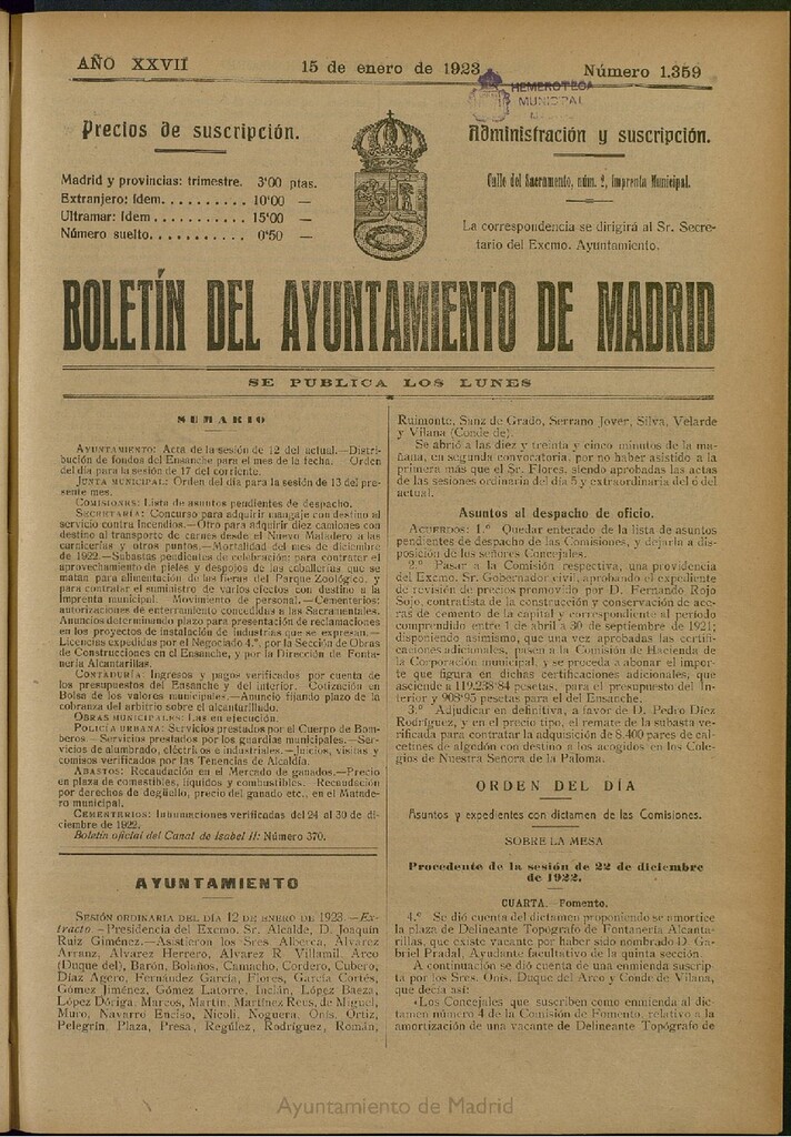 Miniatura de Boletín Oficial del Ayuntamiento de Madrid del 15 de enero de 1923, nº 1359