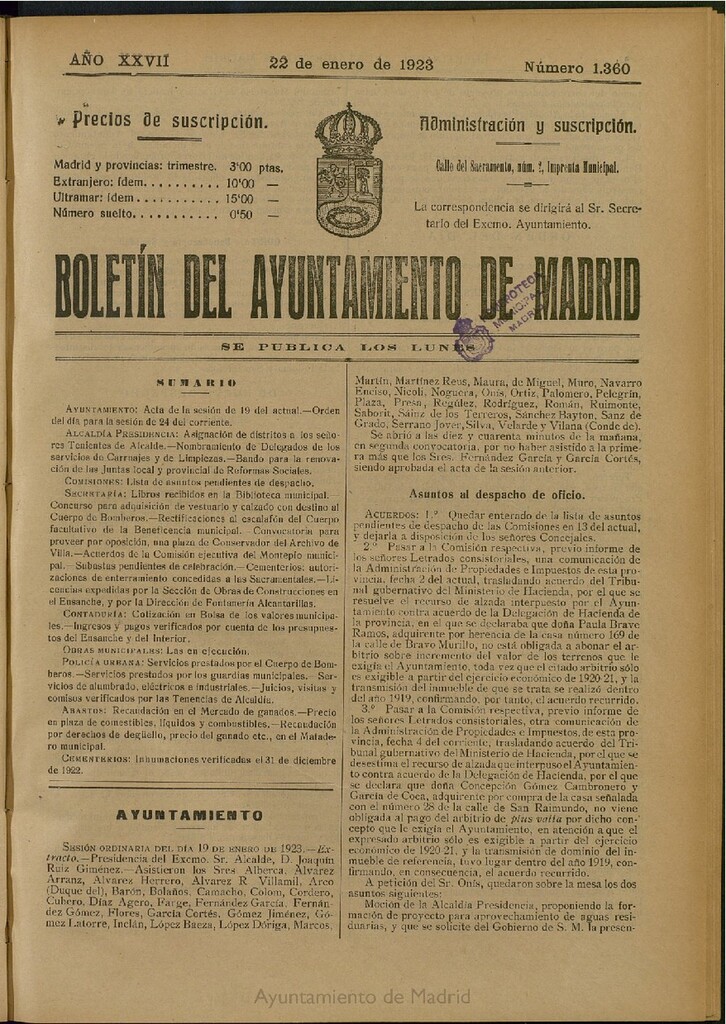 Miniatura de Boletín Oficial del Ayuntamiento de Madrid del 22 de enero de 1923, nº 1360