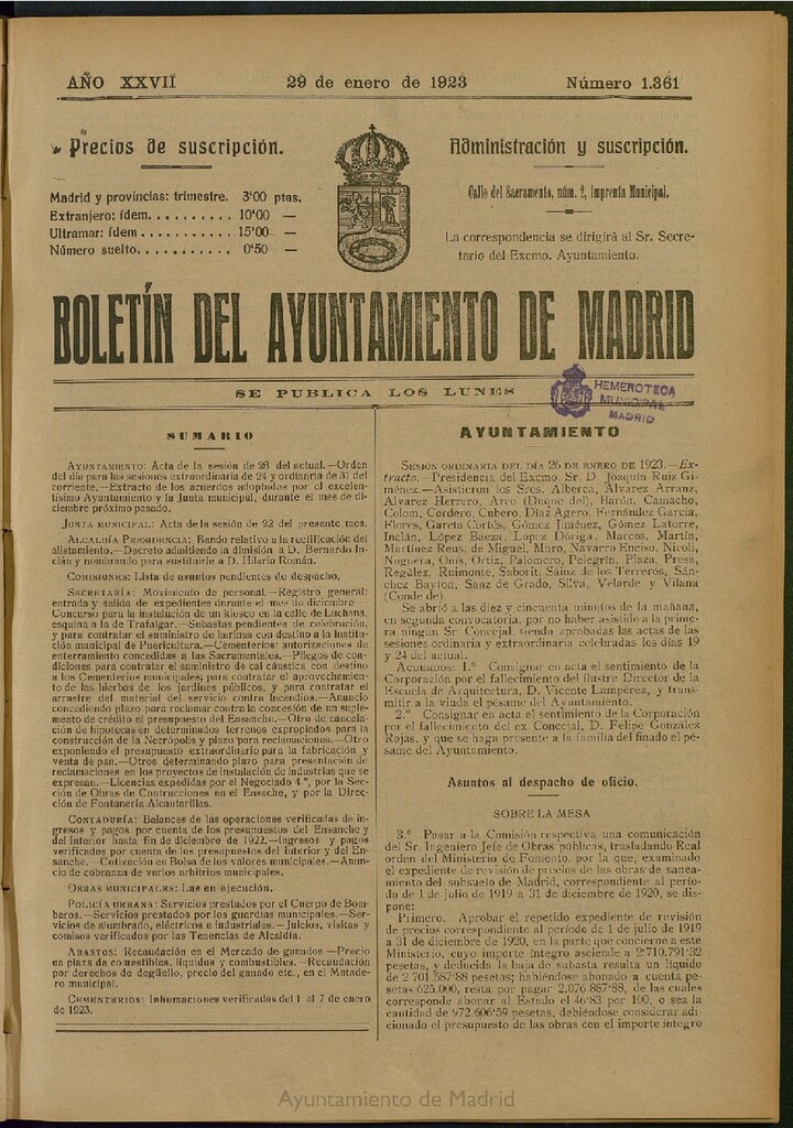 Miniatura de Boletín Oficial del Ayuntamiento de Madrid del 29 de enero de 1923, nº 1361