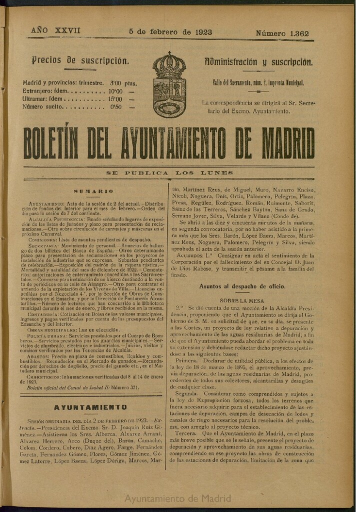 Miniatura de Boletín Oficial del Ayuntamiento de Madrid del 5 de febrero de 1923, nº 1362