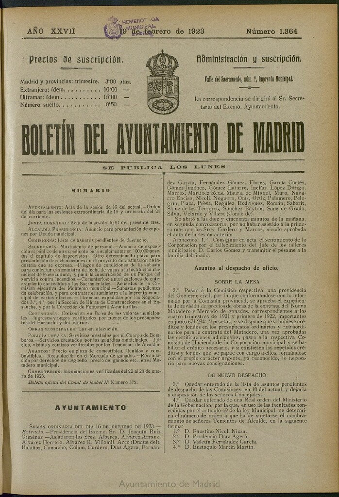 Miniatura de Boletín Oficial del Ayuntamiento de Madrid del 19 de febrero de 1923, nº 1364