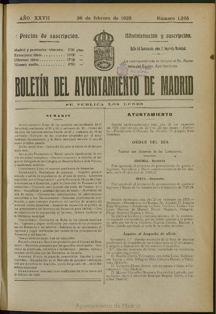 Miniatura de Boletín Oficial del Ayuntamiento de Madrid del 26 de febrero de 1923, nº 1365