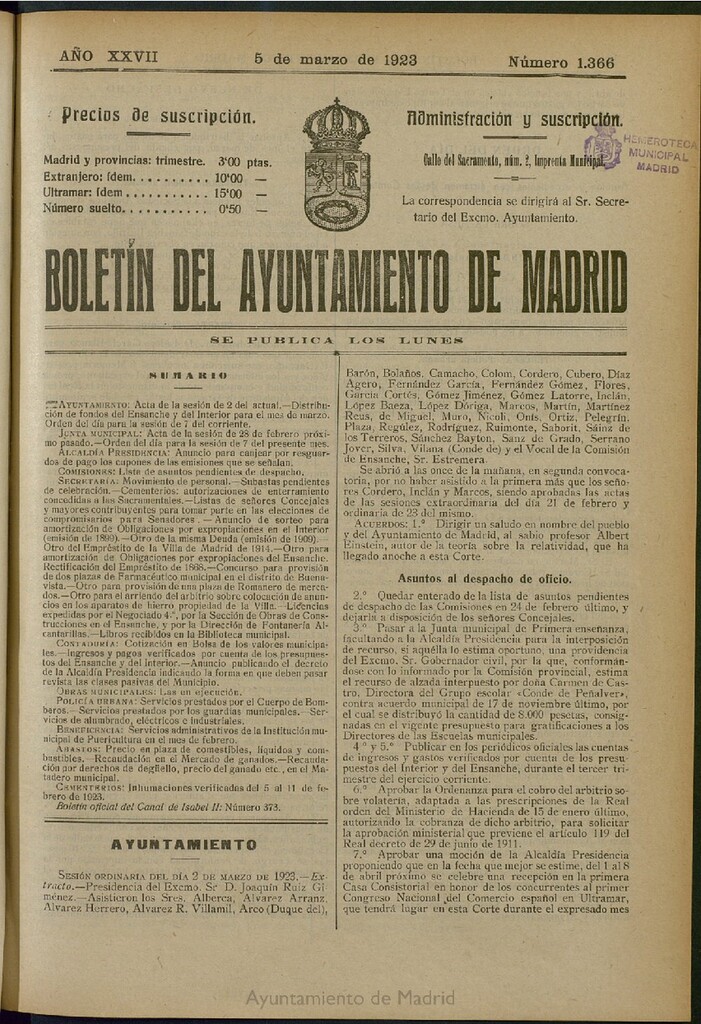 Miniatura de Boletín Oficial del Ayuntamiento de Madrid del 5 de marzo de 1923, nº 1366